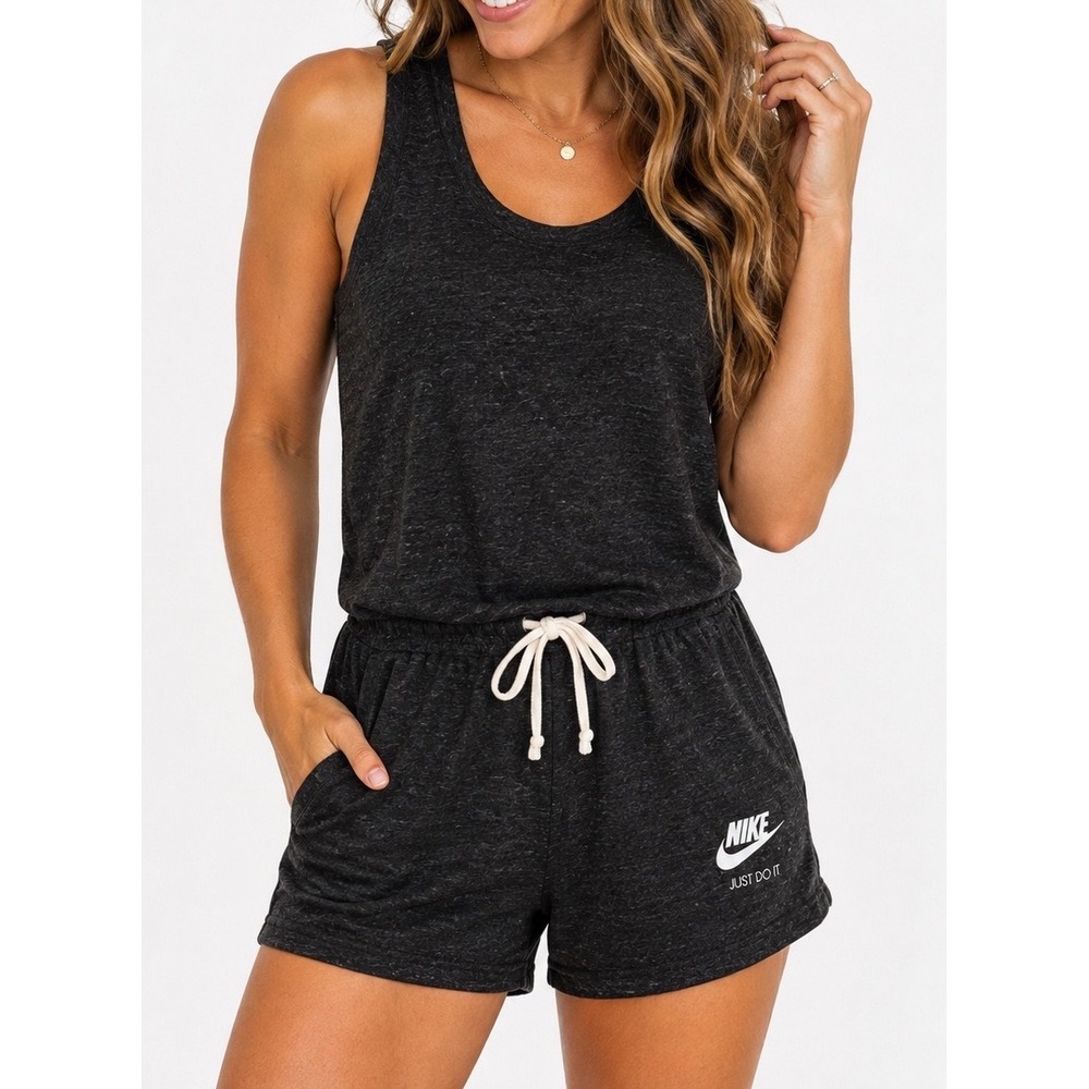 Vintage Nike Romper Jumpsuit Women's Large Racerback Pockets Soft Grey